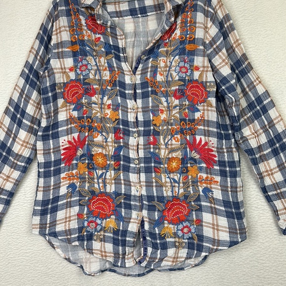 Johnny Was Womens Button Up Shirt Size Small Blue Red Long Sleeve Plaid Casual - Picture 2 of 5